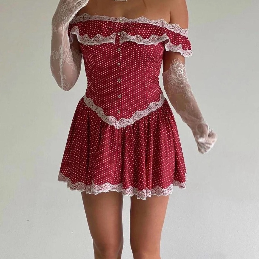 Frankie's Bikinis Red Polka Dot Off-Shoulder Mini Dress